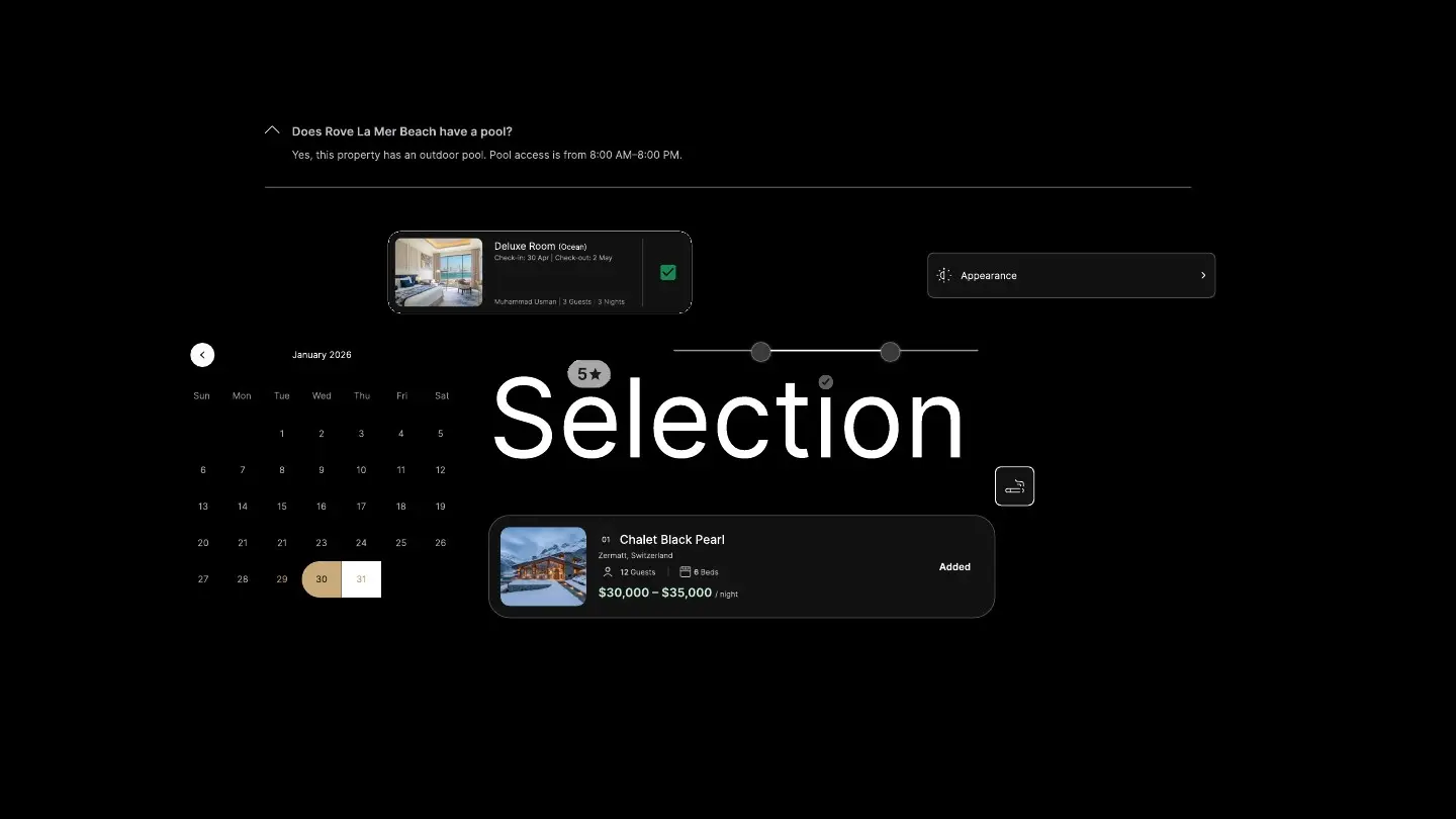 Selection components: calendar, filters and cards