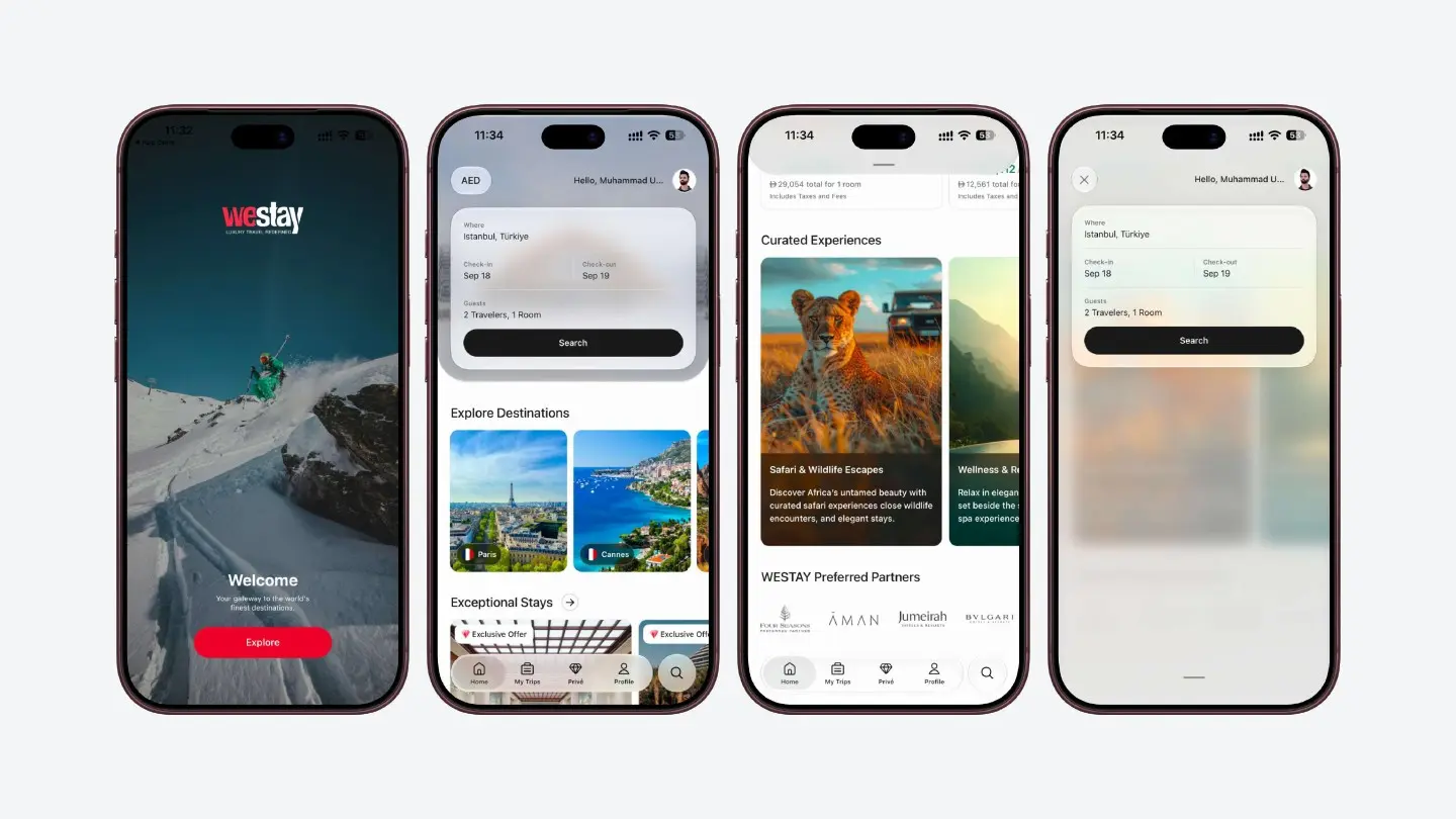 The booking app on iPhone: welcome, explore and curated experiences screens