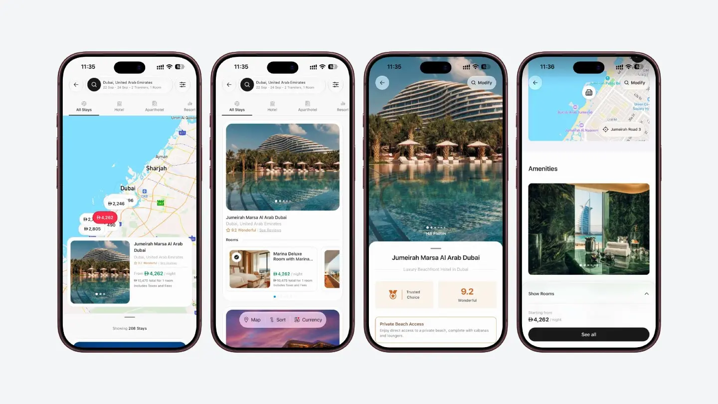 Search results on a map and hotel detail screens